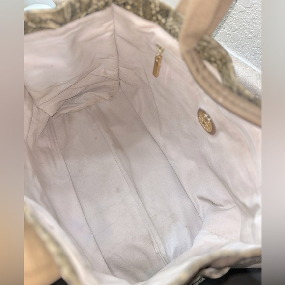 Tory Burch Women’s Snakeskin Canvas & Caramel Patent Leather Shoulder Tote - Picture 14 of 15